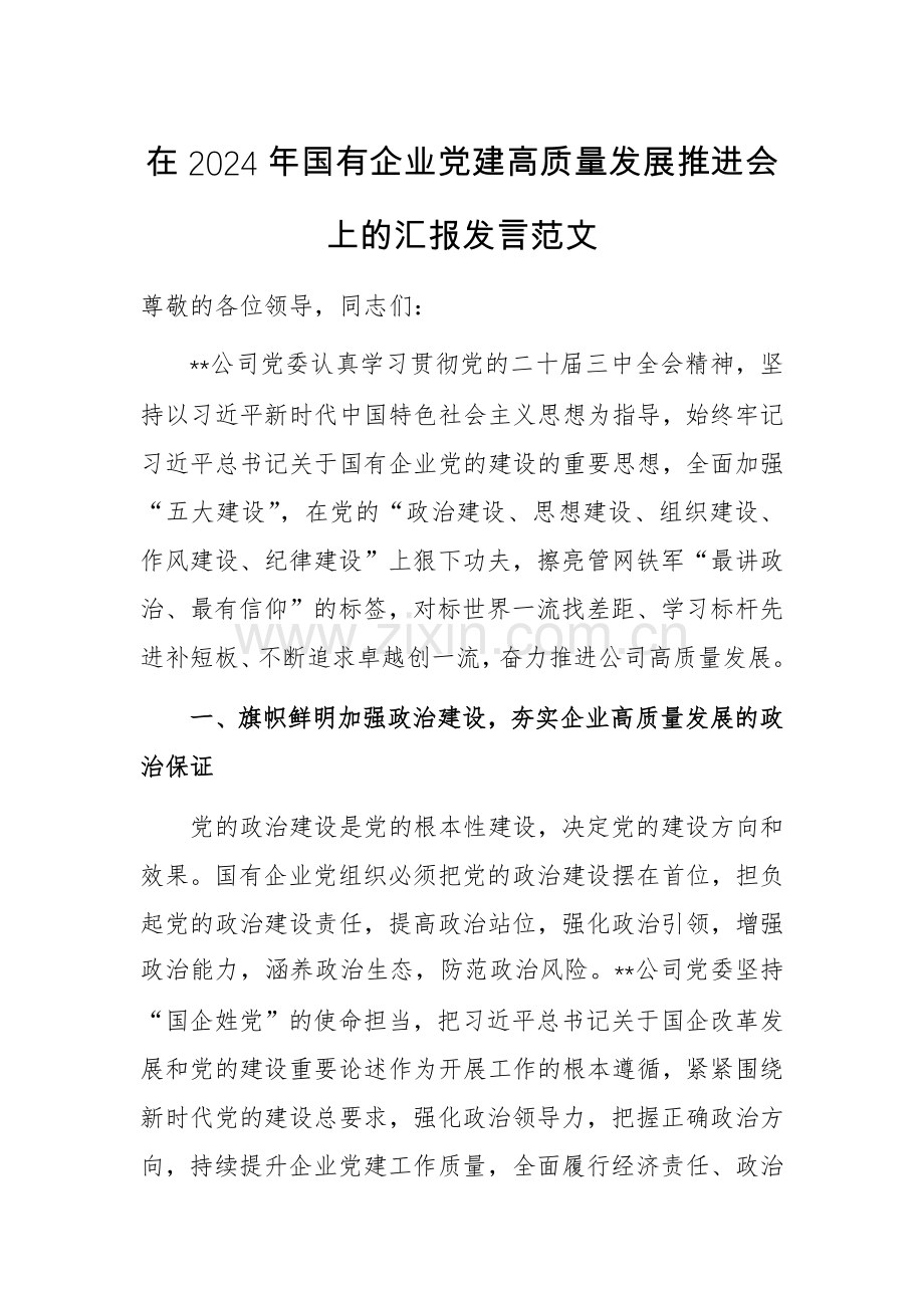 在2024年国有企业党建高质量发展推进会上的汇报发言范文.docx_第1页