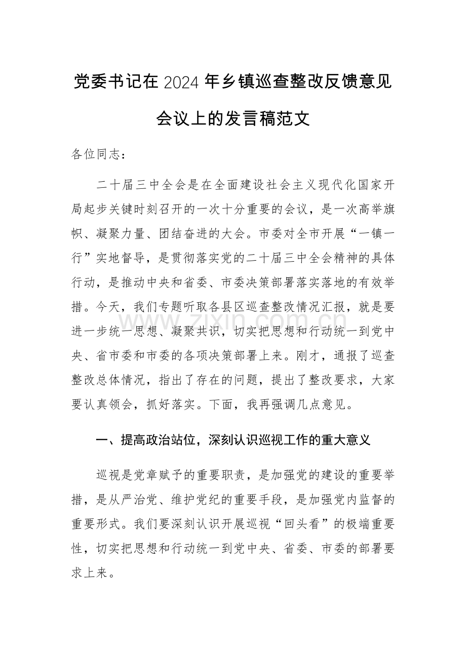 党委书记在2024年乡镇巡查整改反馈意见会议上的发言稿范文.docx_第1页