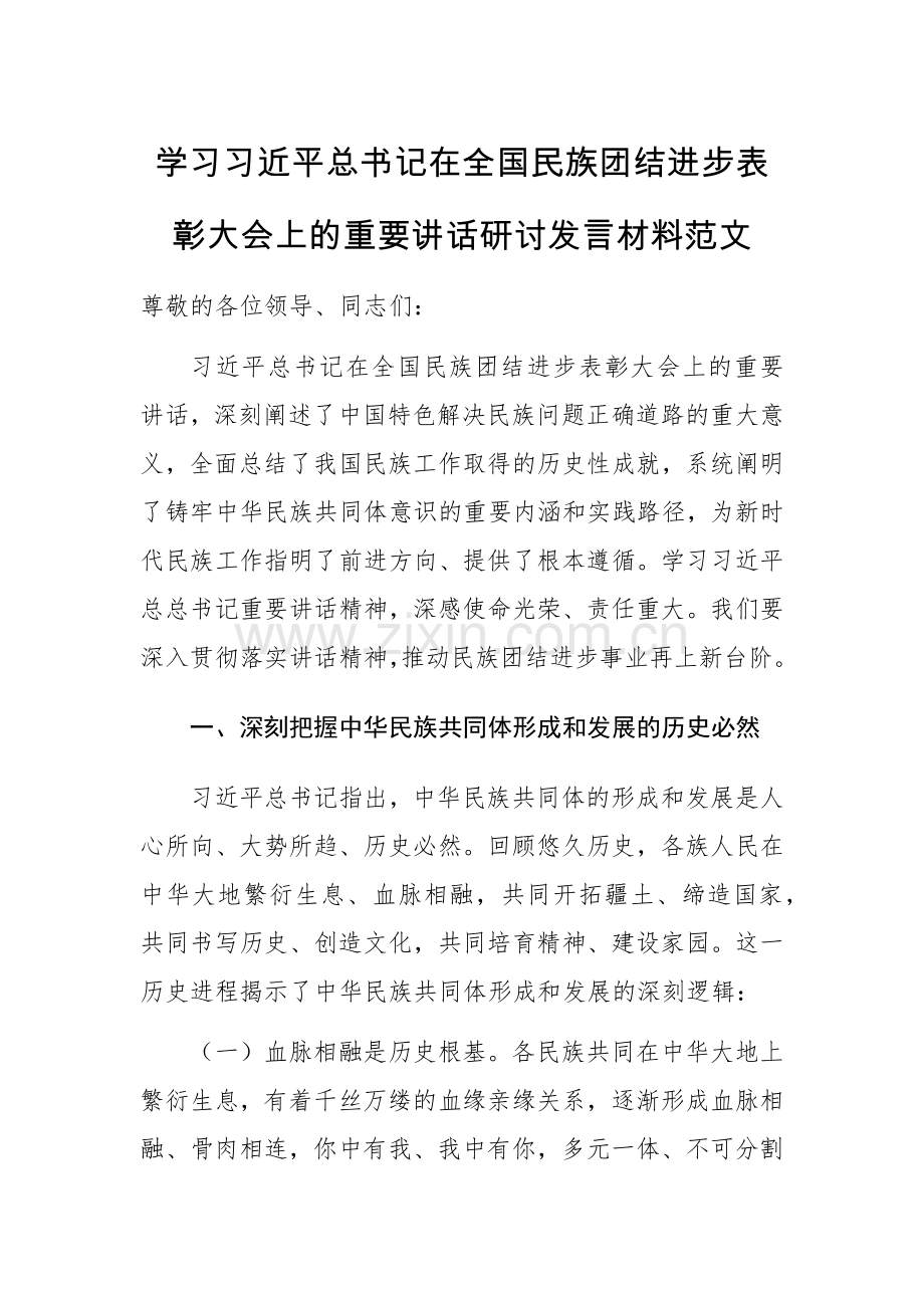 学习习近平总书记在全国民族团结进步表彰大会上的重要讲话研讨发言材料范文.docx_第1页