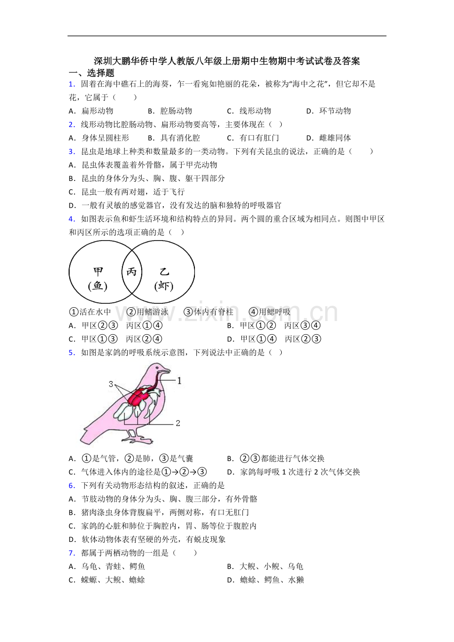 深圳大鹏华侨中学人教版八年级上册期中生物期中考试试卷及答案.doc_第1页