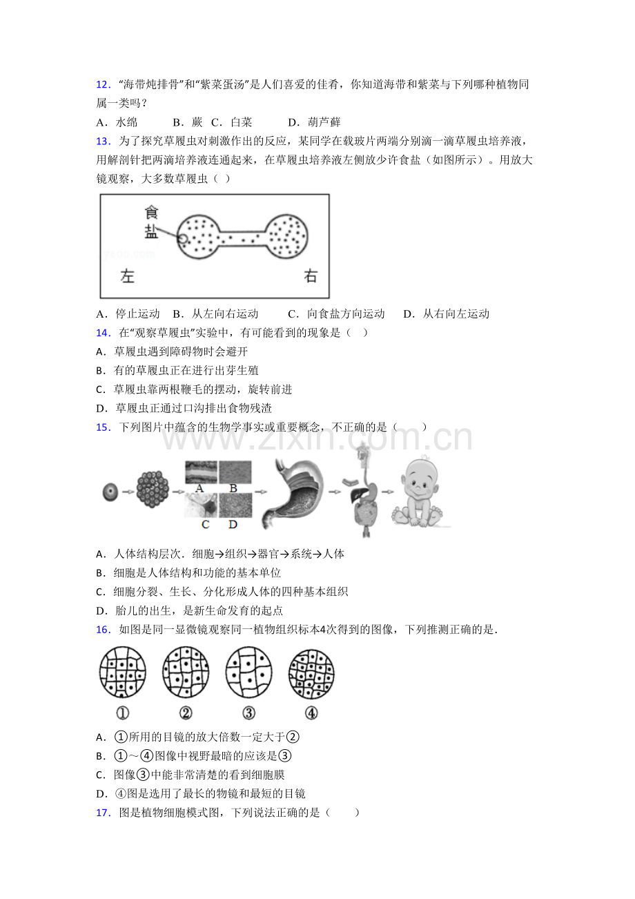 初一上学期期末生物试卷带答案.doc_第3页