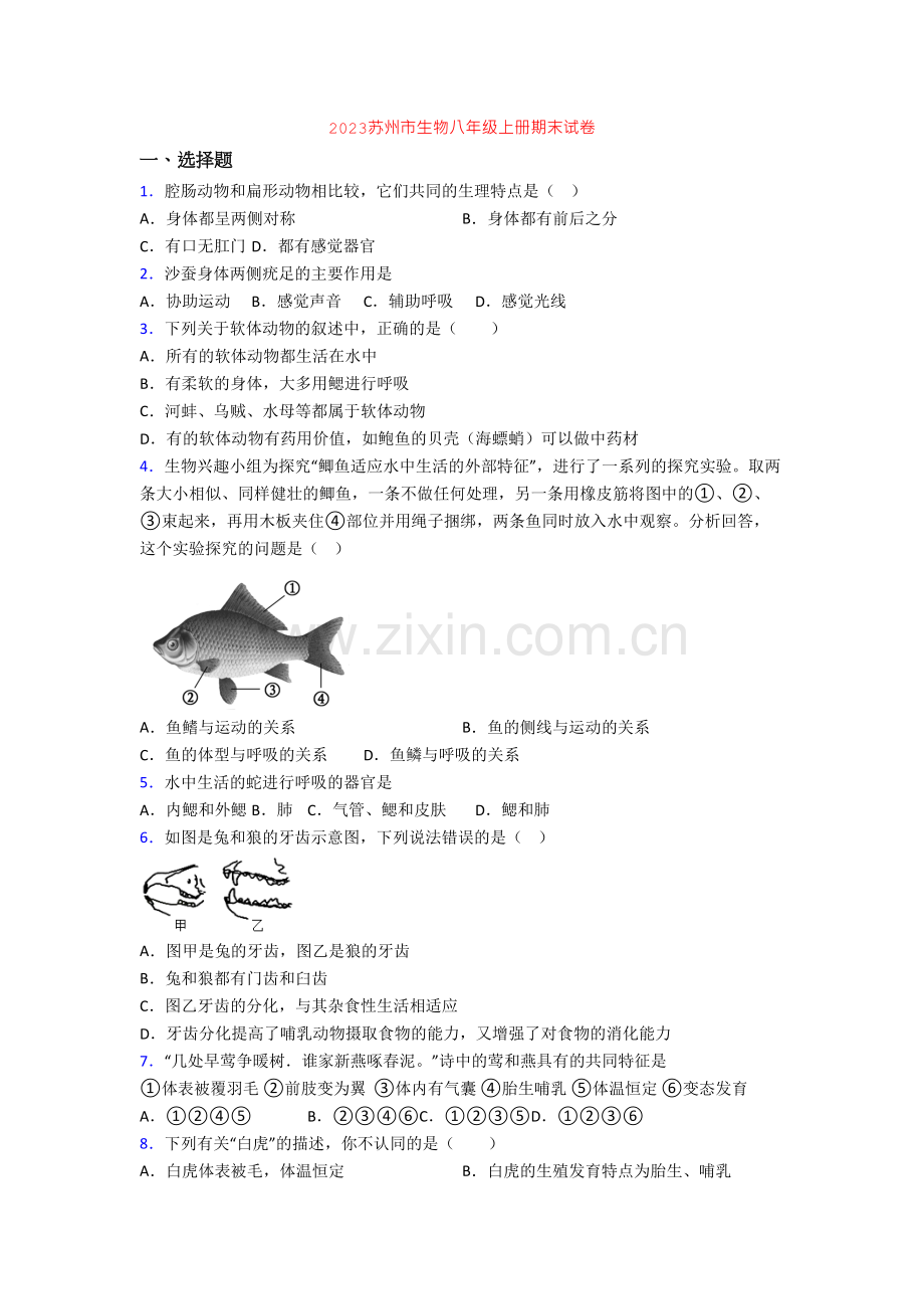 2023苏州市生物八年级上册期末试卷.doc_第1页