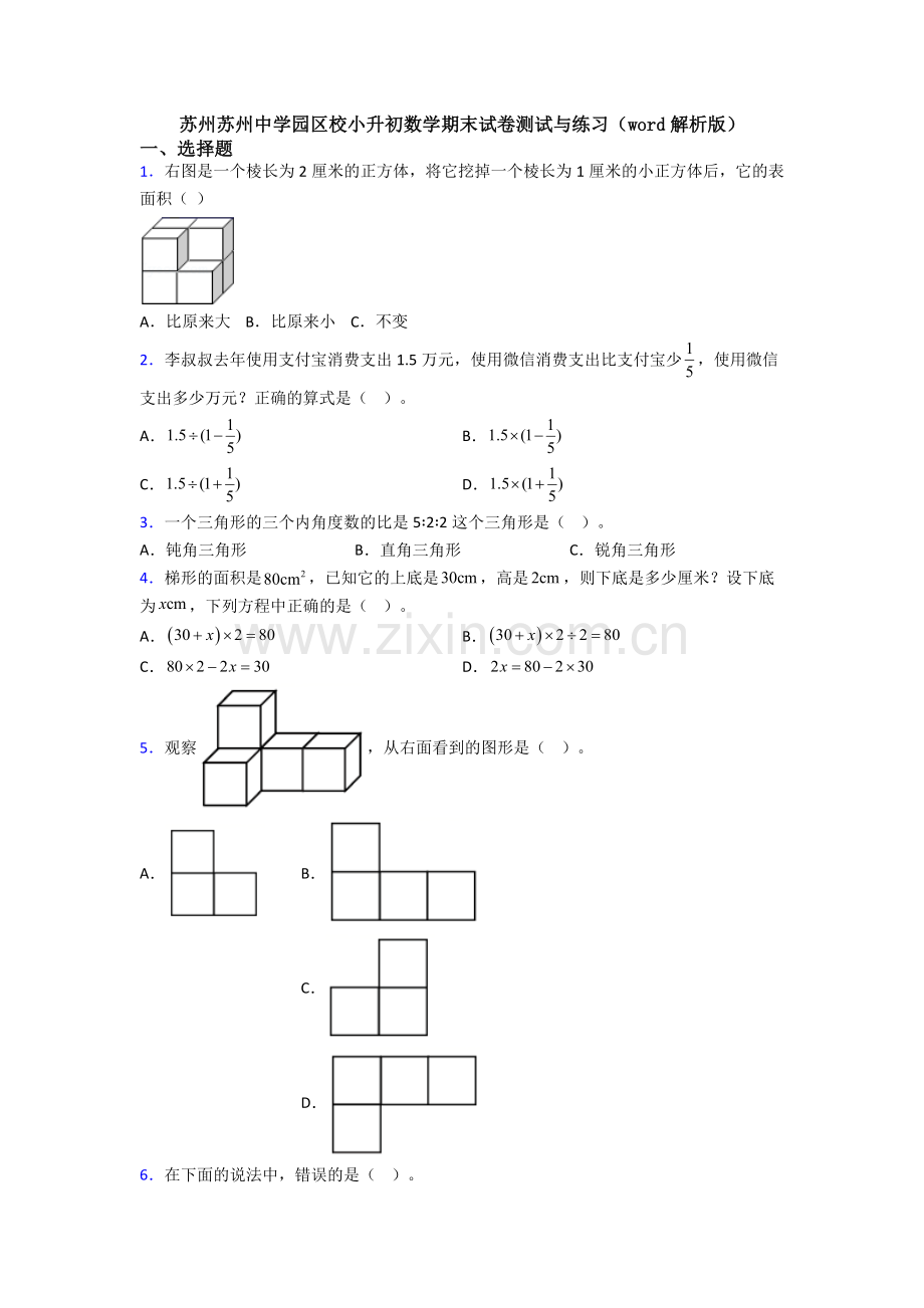 苏州苏州中学园区校小升初数学期末试卷测试与练习（word解析版）.doc_第1页