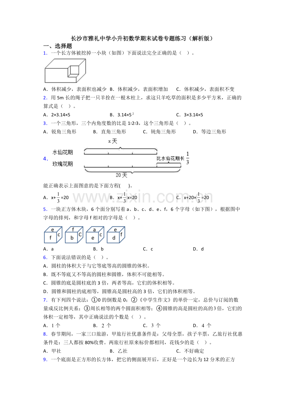 长沙市雅礼中学小升初数学期末试卷专题练习（解析版）.doc_第1页