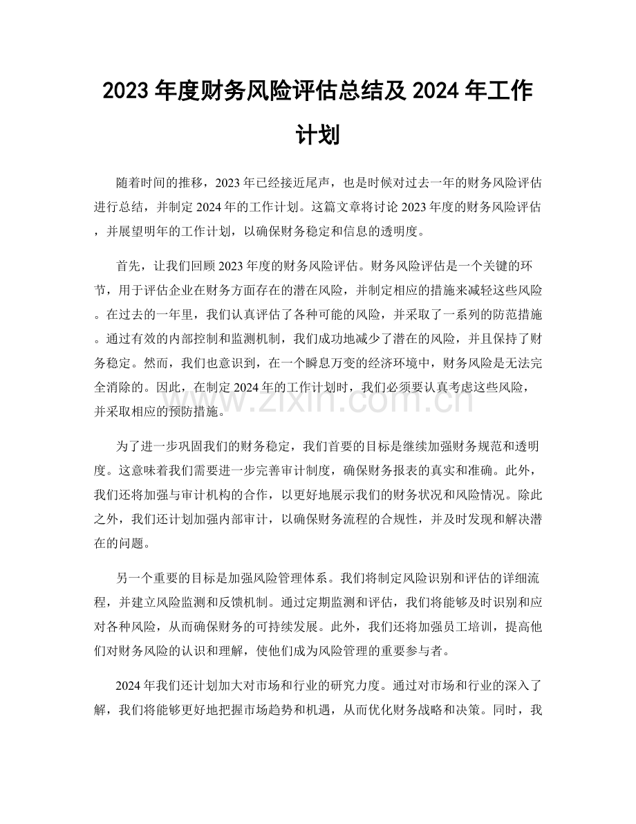 2023年度财务风险评估总结及2024年工作计划.docx_第1页