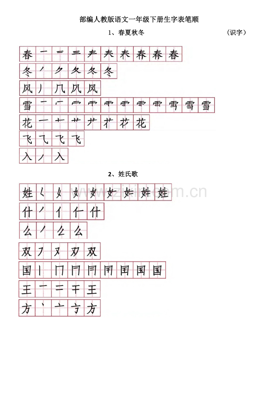 统编-部编人教版语文一年级下册生字表笔顺.docx_第1页