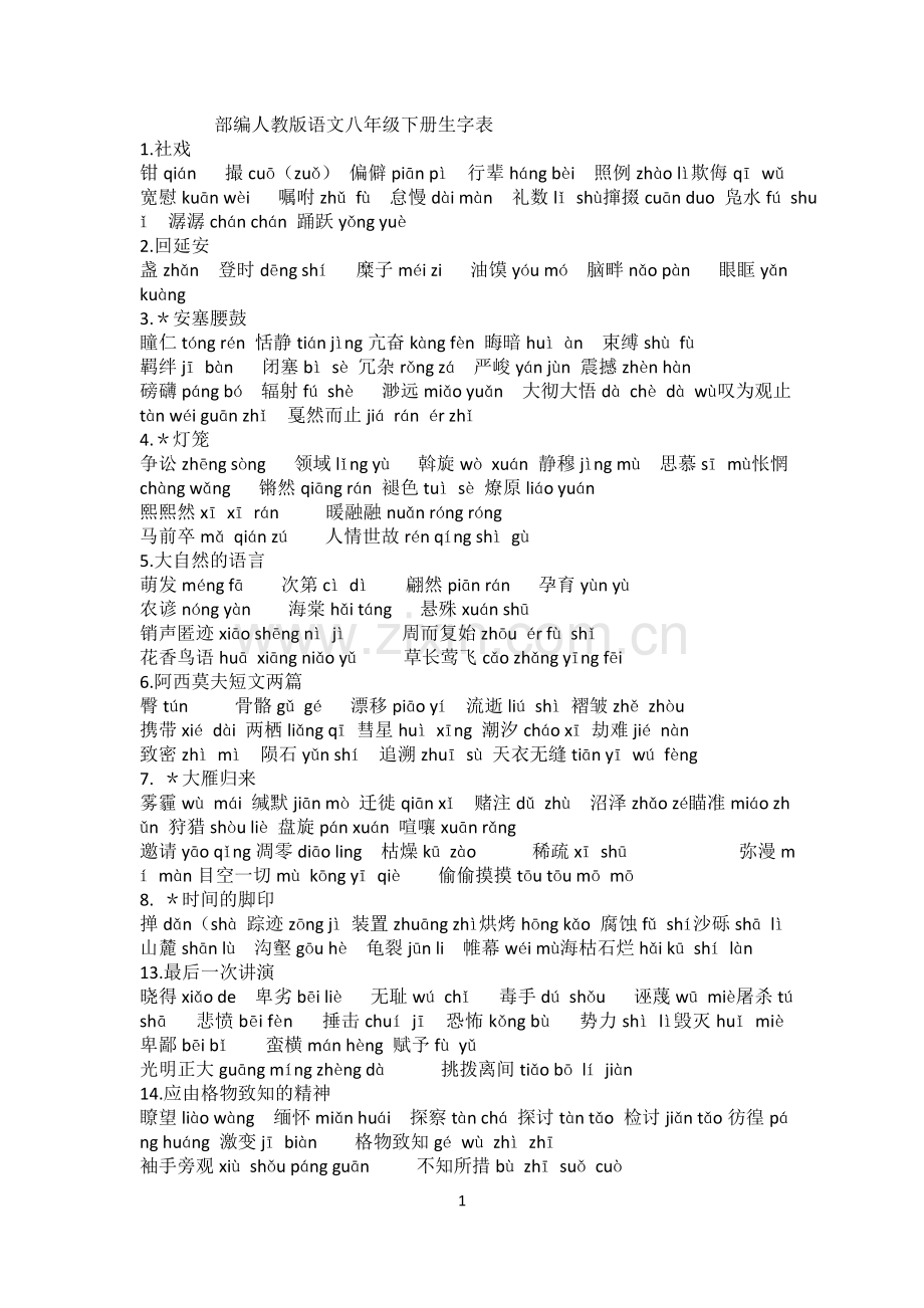 部编人教版语文八年级下册生字表.doc_第1页