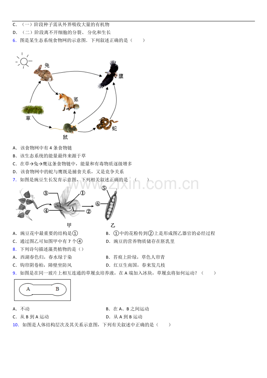 厦门市外国语学校人教版七年级上册期末生物期末试卷及答案.doc_第2页