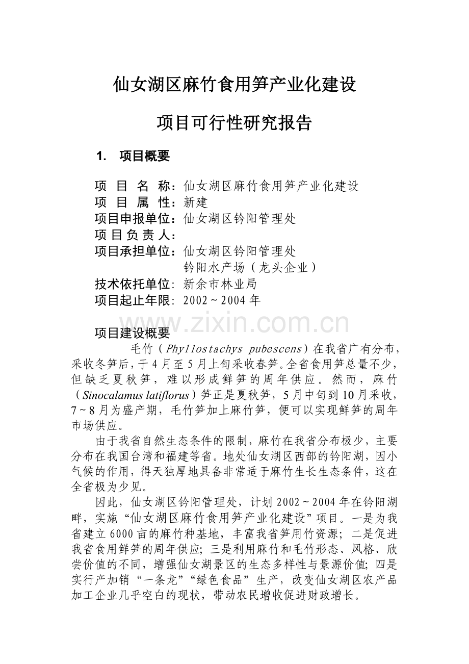 麻竹食用笋产业化建设项目可行性计划书.doc_第1页