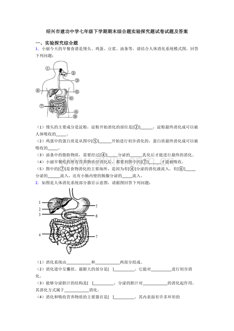 绍兴市建功中学七年级下学期期末综合题实验探究题试卷试题及答案.doc_第1页