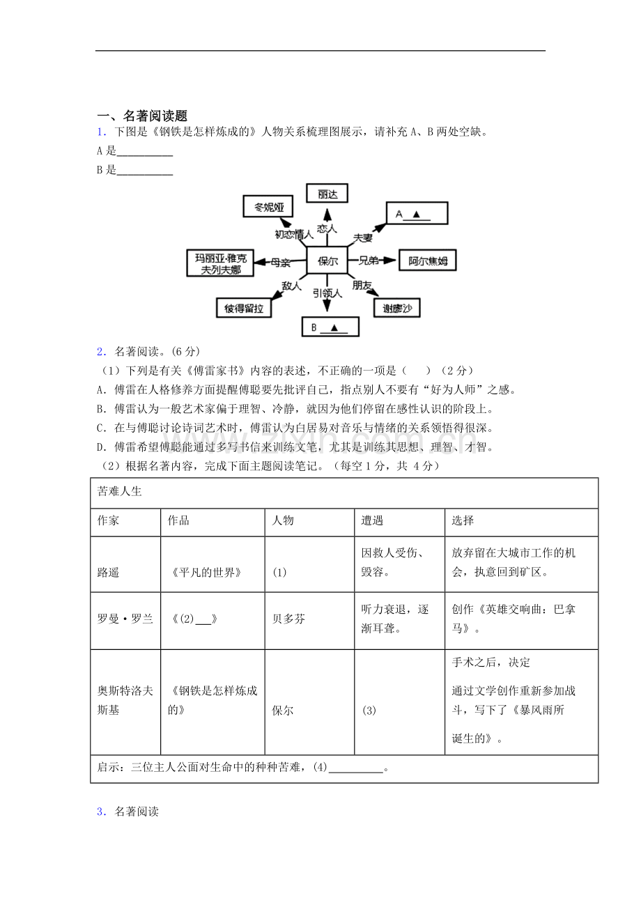 钢铁是怎样炼成的必读名著习题(含答案)试题及解析.doc_第1页