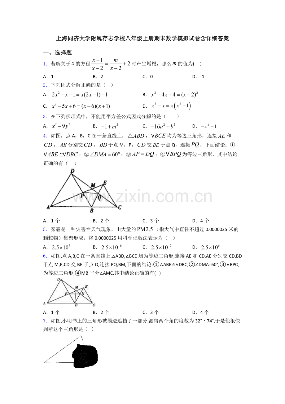 上海同济大学附属存志学校八年级上册期末数学模拟试卷含详细答案.doc_第1页