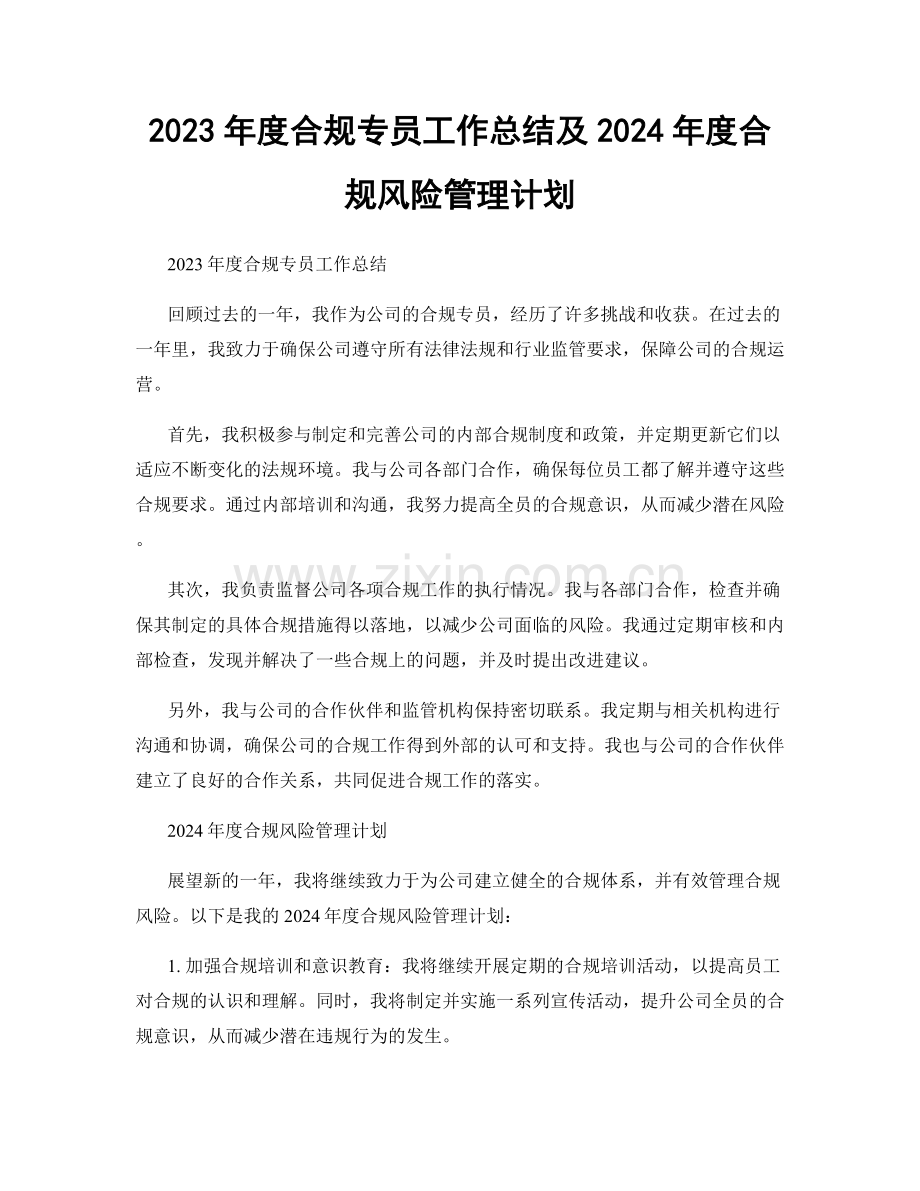 2023年度合规专员工作总结及2024年度合规风险管理计划.docx_第1页