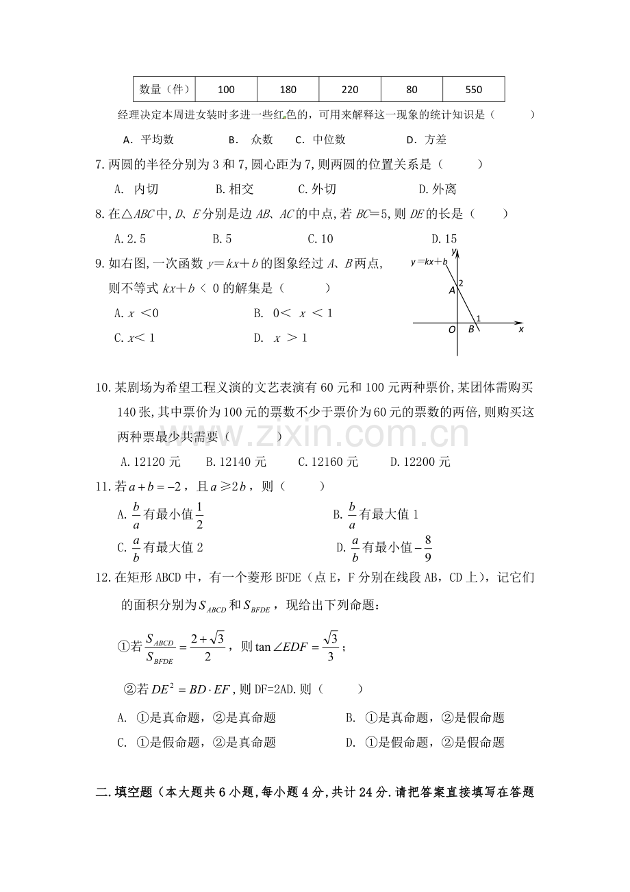 贵州遵义市第四中学2020中考提前自主招生数学模拟试卷(9套)附解析.docx_第2页