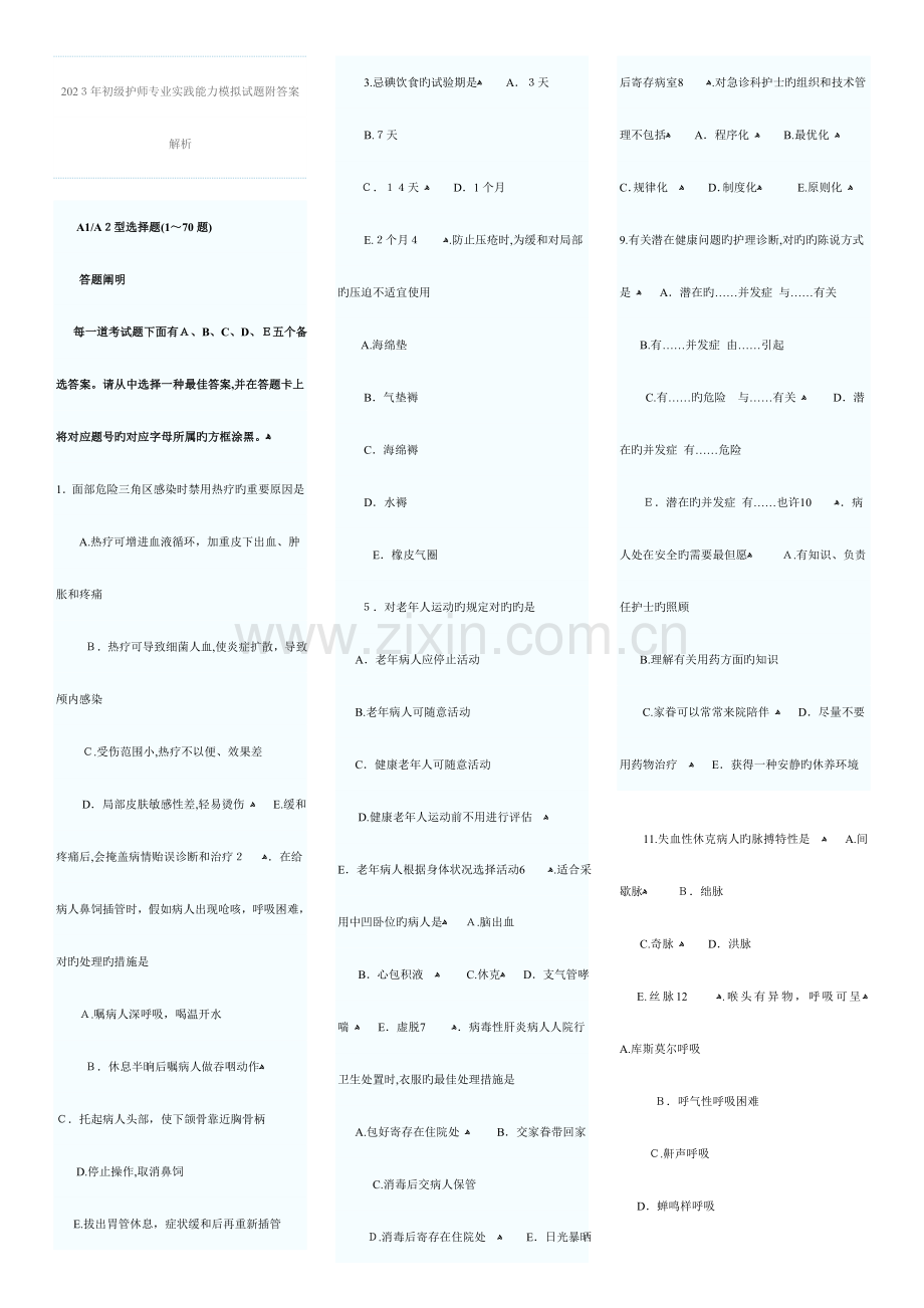 2023年初级护师专业实践能力模拟试题附答案解析.doc_第1页