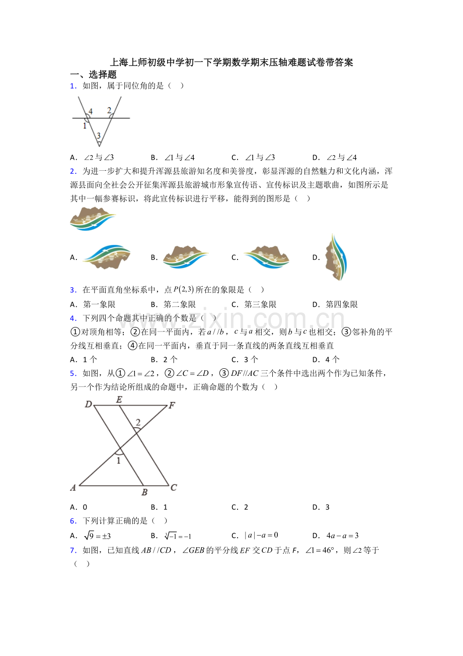 上海上师初级中学初一下学期数学期末压轴难题试卷带答案.doc_第1页