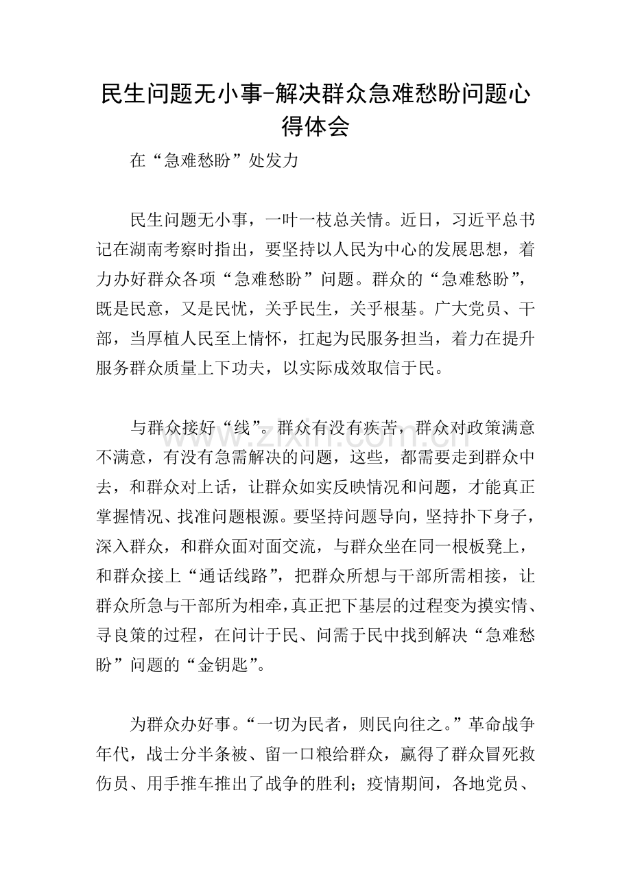 民生问题无小事-解决群众急难愁盼问题心得体会.doc_第1页