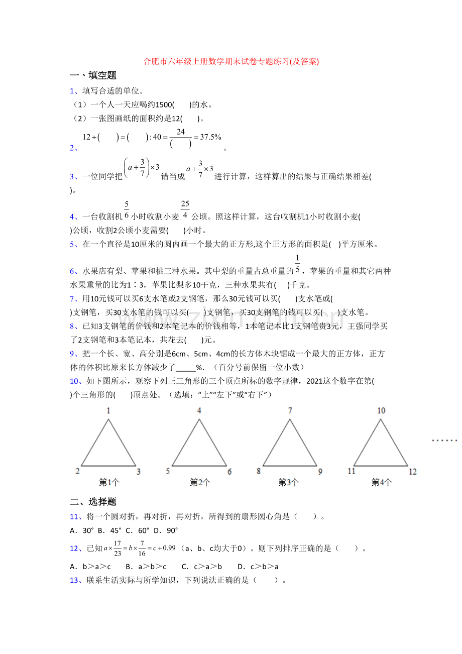 合肥市六年级上册数学期末试卷专题练习(及答案).doc_第1页