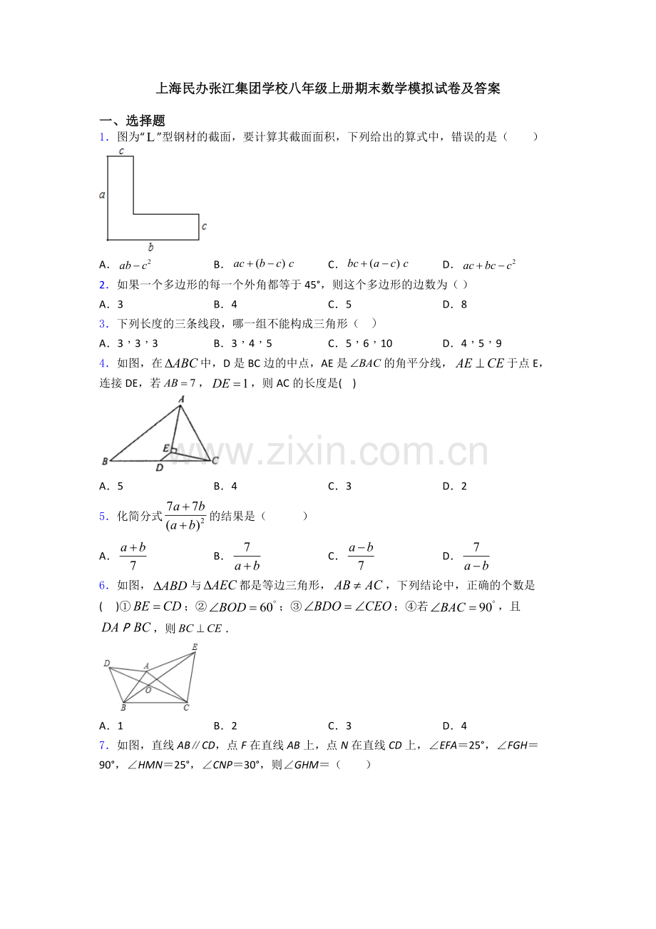 上海民办张江集团学校八年级上册期末数学模拟试卷及答案.doc_第1页