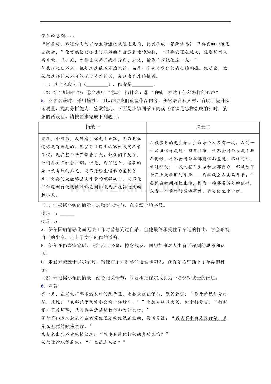 语文《钢铁是怎样炼成的》名著练习试题.doc_第2页