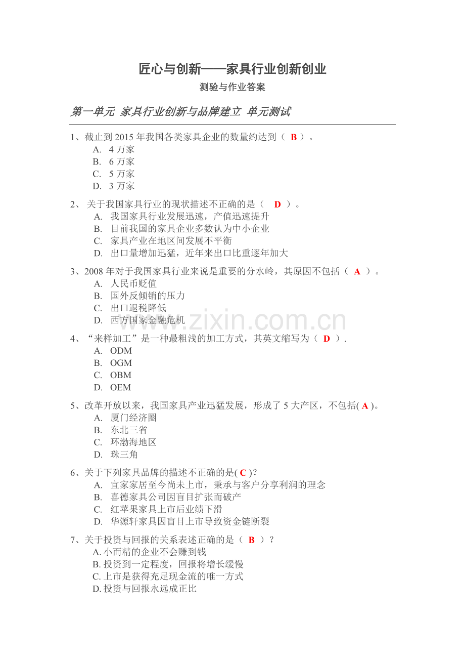 家具行业创新与创业测验答案.doc_第1页