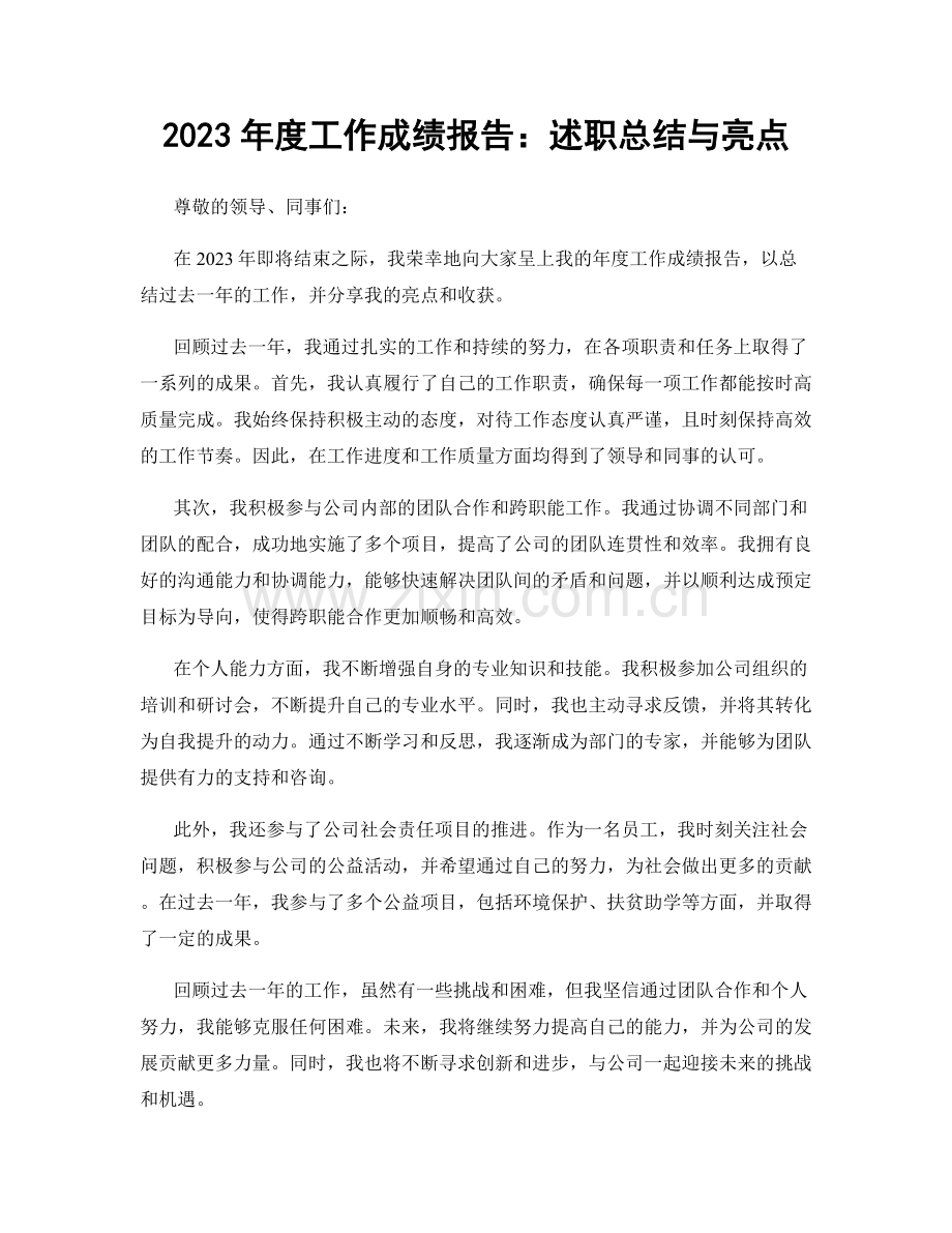 2023年度工作成绩报告：述职总结与亮点.docx_第1页