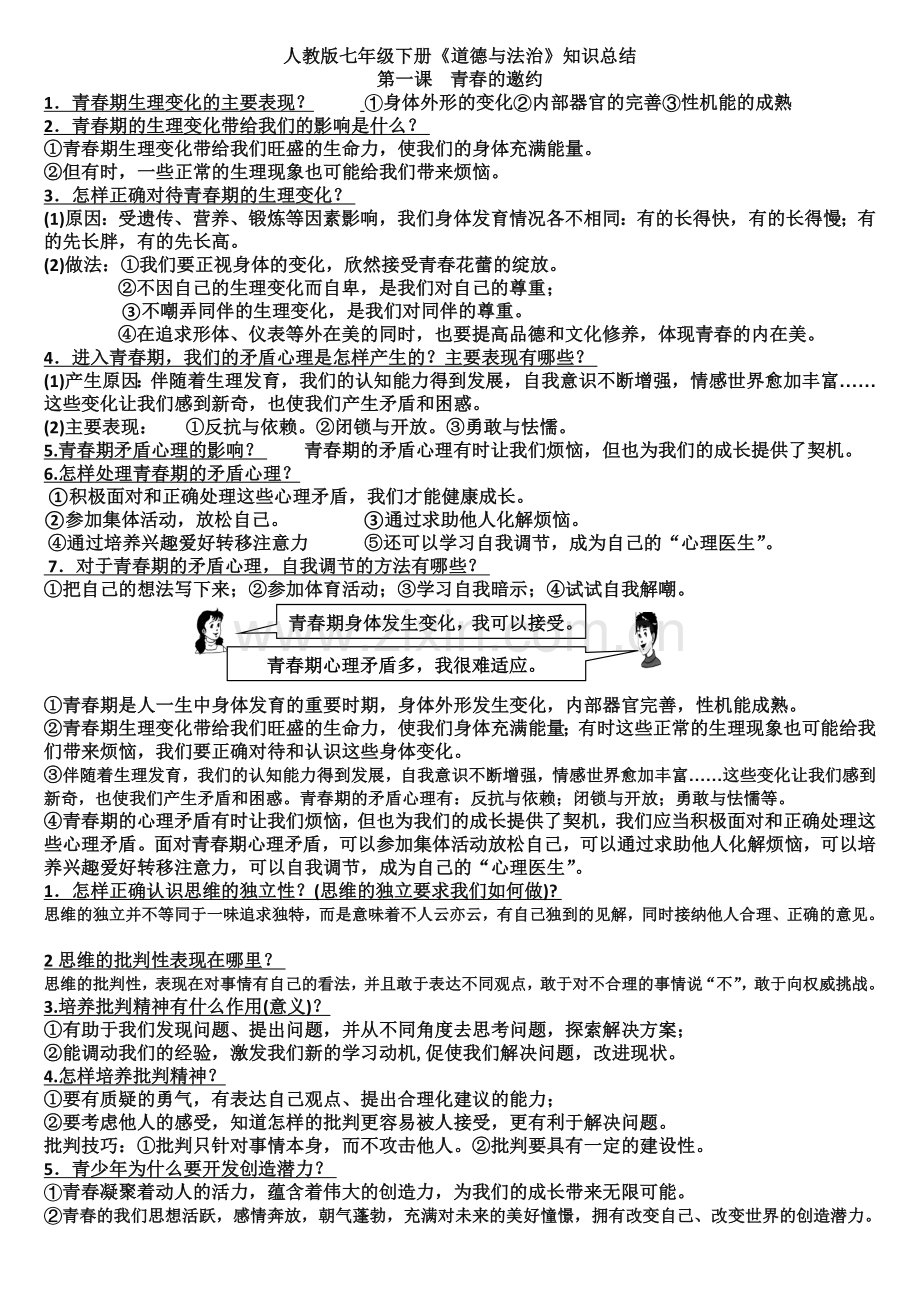 部编人教版七年级下册道德与法治：期末复习知识点总结知识点归纳.doc_第1页