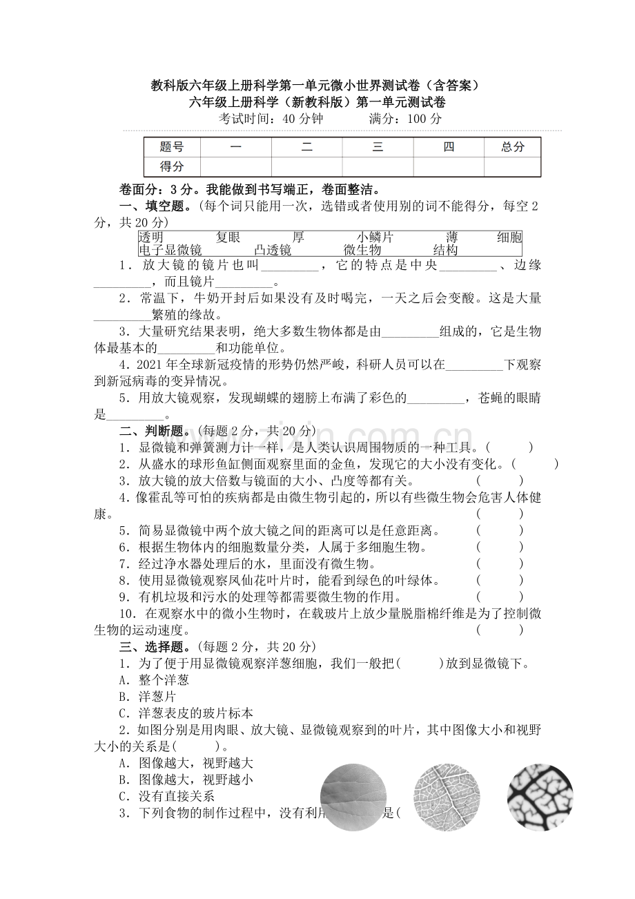 教科版六年级上册科学第一单元微小世界测试卷(含答案).doc_第1页