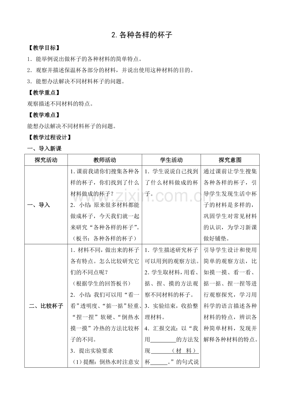 苏教版小学科学二年级下册：2.各种各样的杯子-教案DOC.doc_第1页