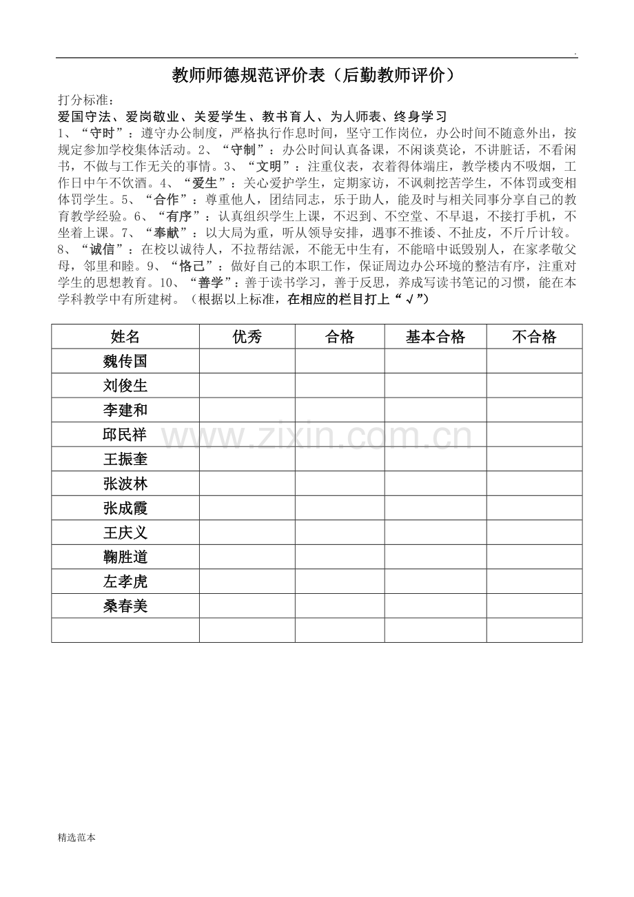 教师师德水平评价表(学生评价).doc_第1页