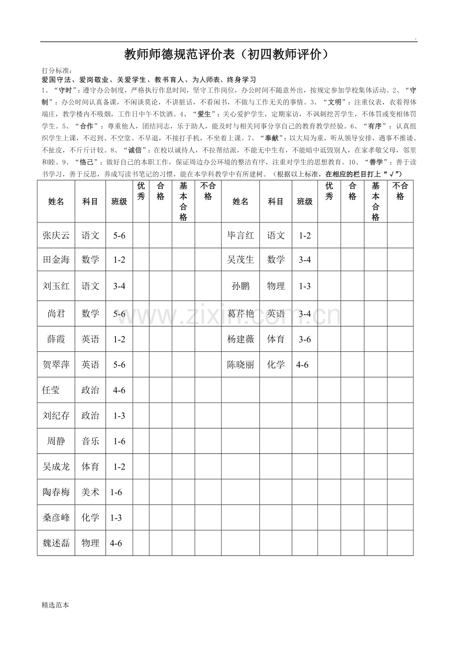 教师师德水平评价表(学生评价).doc_第2页