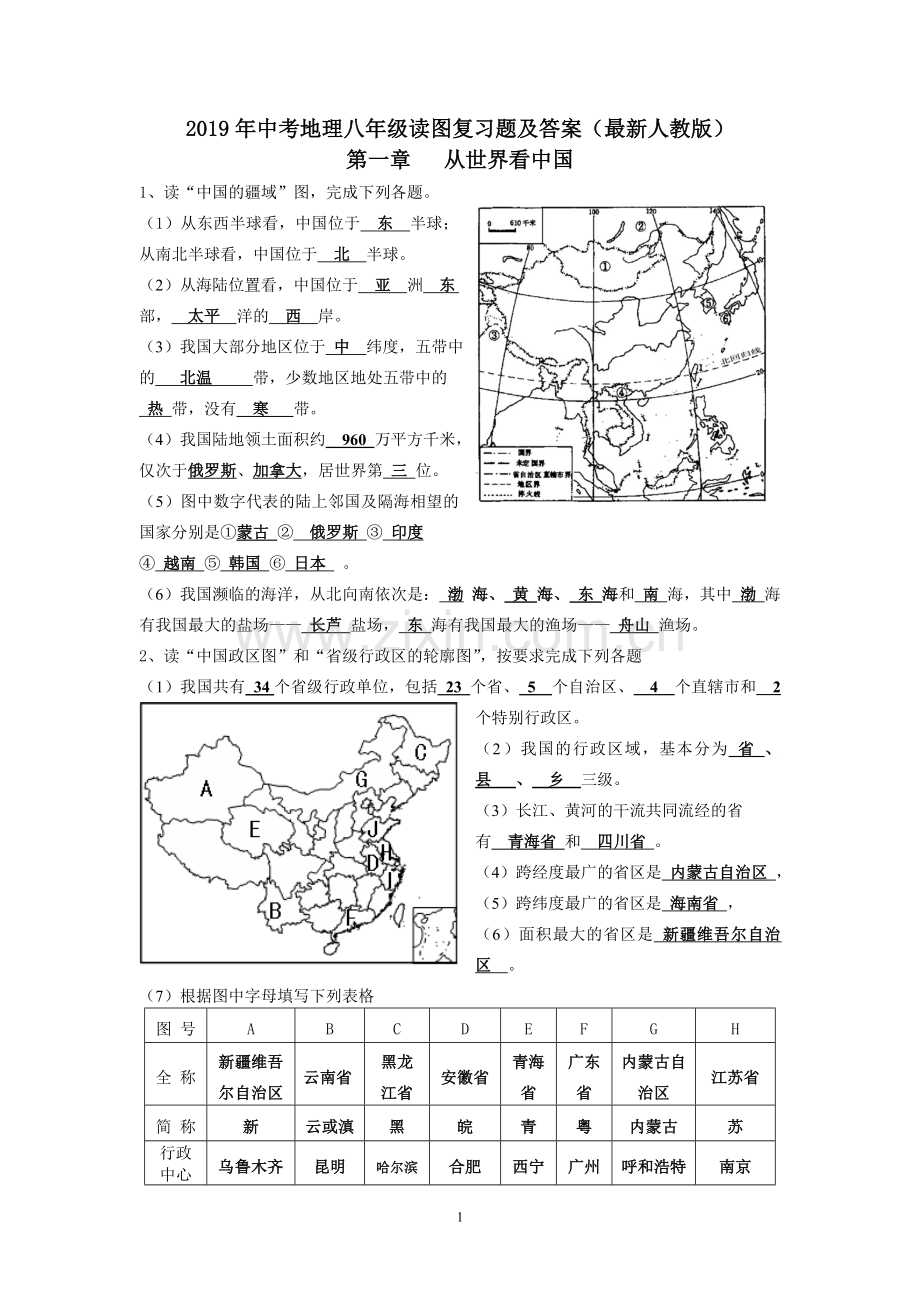 2019年中考地理八年级读图训练题(含答案).doc_第1页