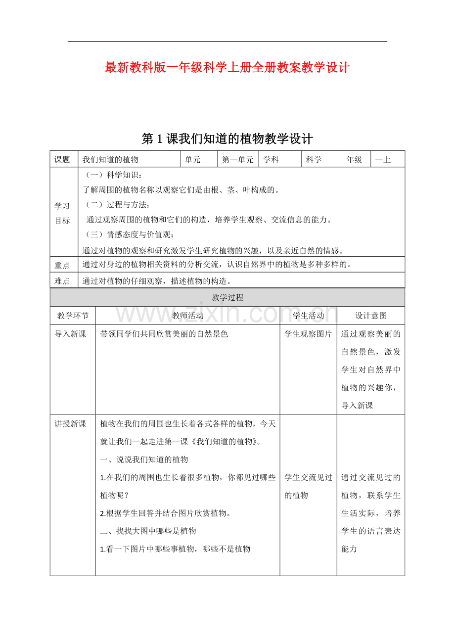 教科版一年级科学上册全册教案教学设计.docx_第1页