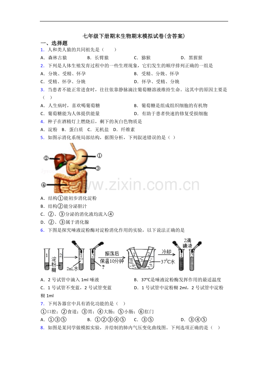 七年级下册期末生物期末模拟试卷(含答案).doc_第1页