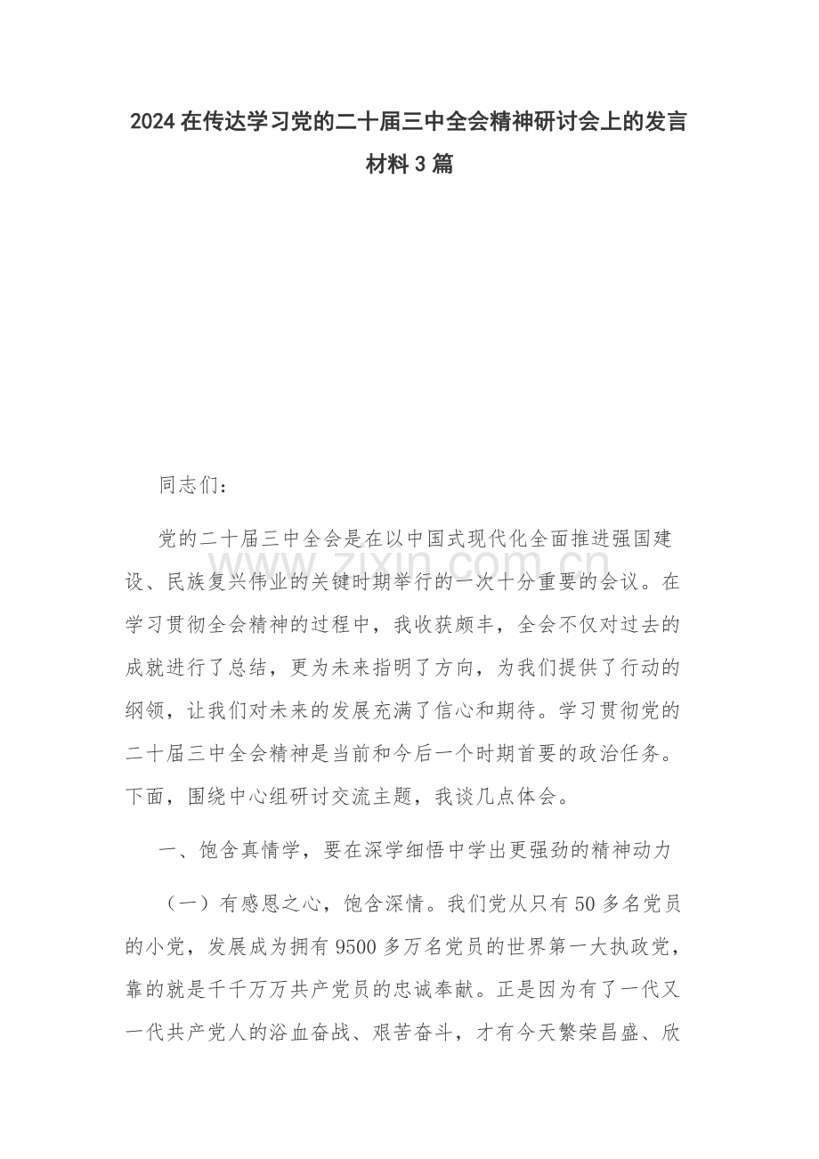 2024在传达学习党的二十届三中会议精神研讨会上的发言材料3篇.docx_第1页