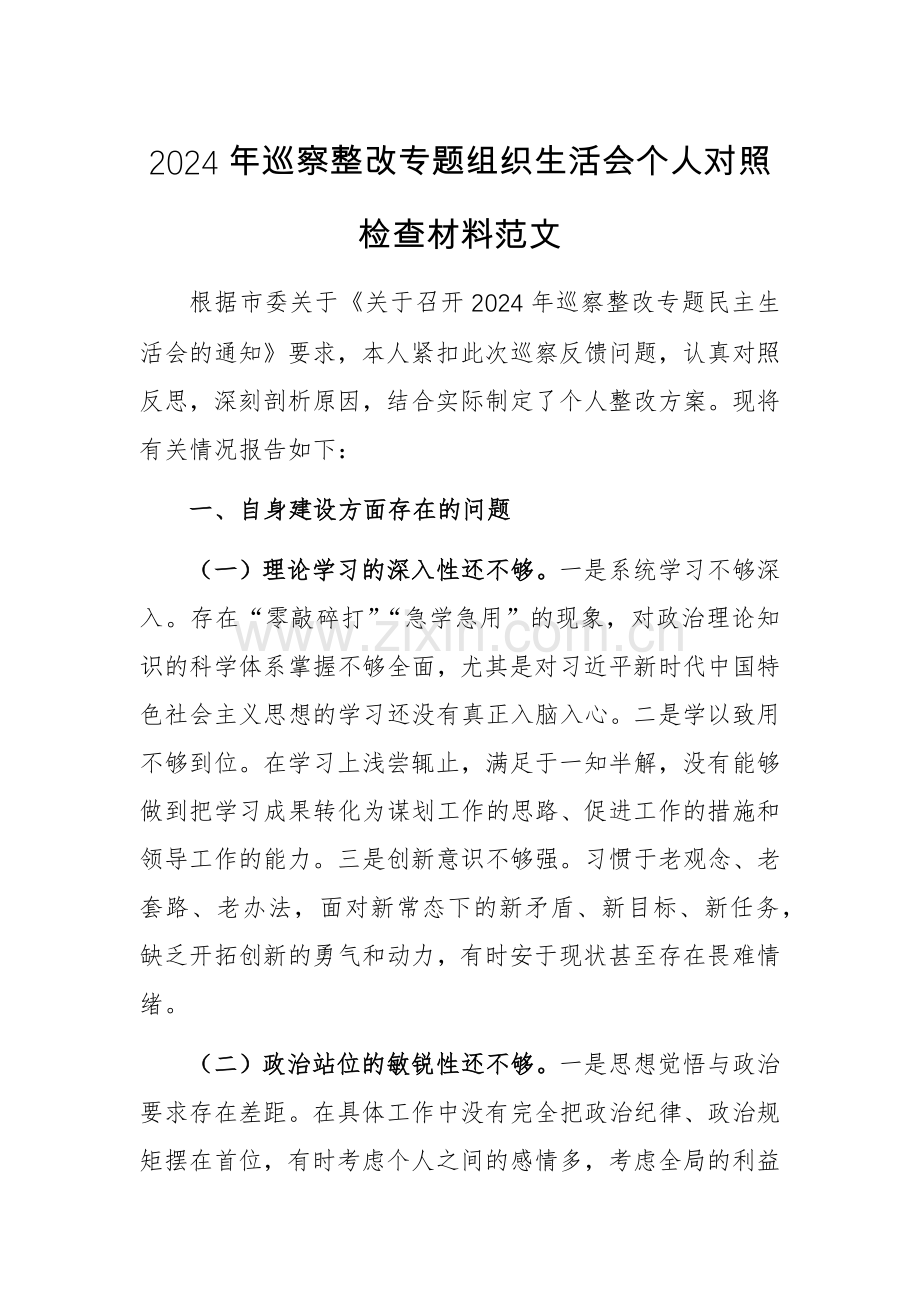 2024年巡察整改专题组织生活会个人对照检查材料范文.docx_第1页