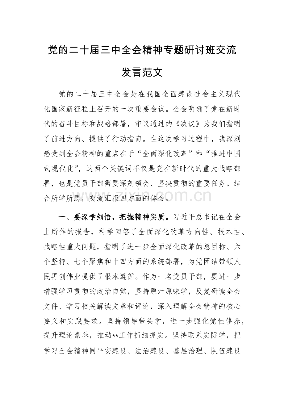 党的二十届三中全会精神专题研讨班交流发言范文.docx_第1页