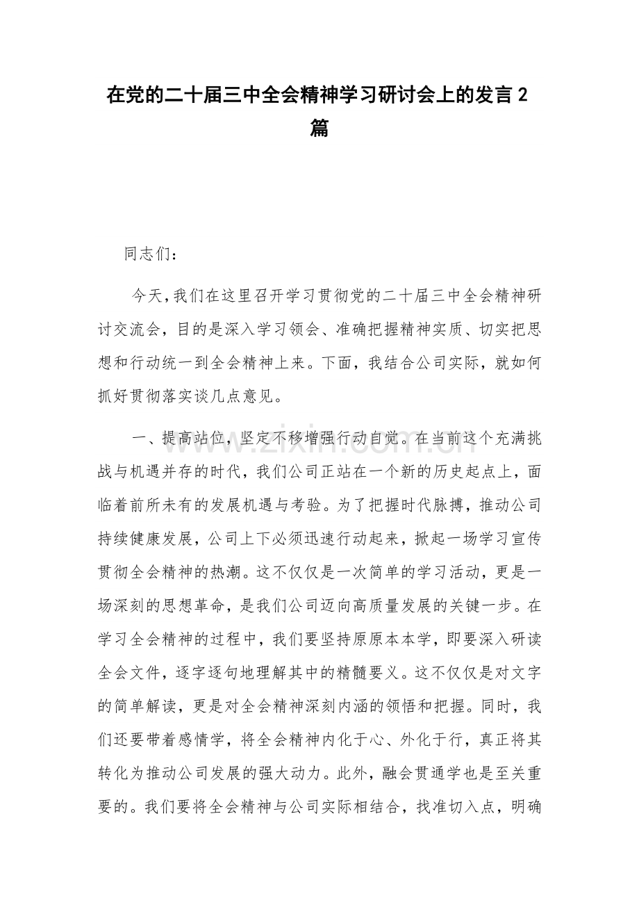 在党的二十届三中会议精神学习研讨会上的发言2篇.docx_第1页