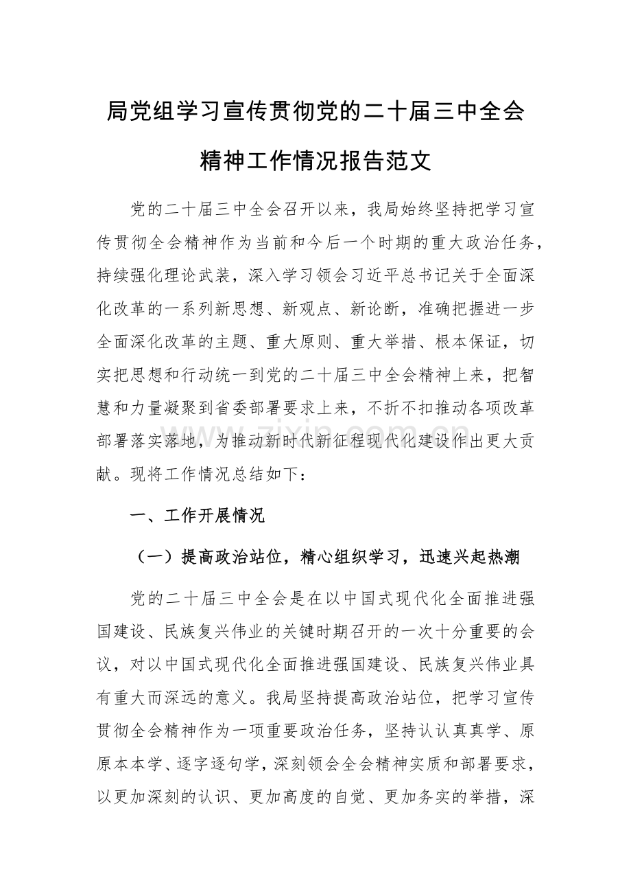 2024年党组学习宣传贯彻党的二十届三中全会精神工作情况报告范文.docx_第1页