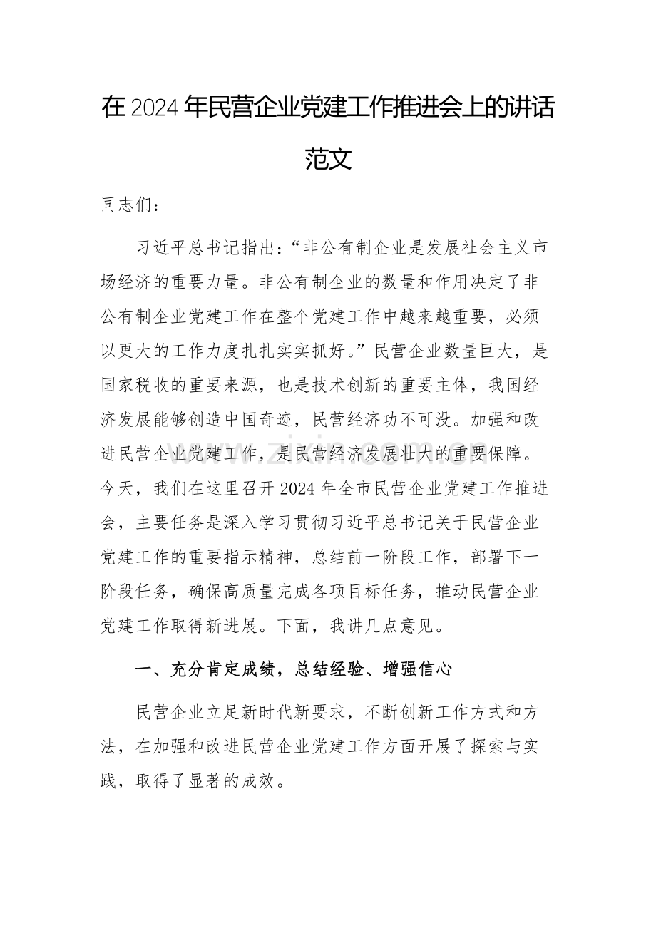 在2024年民营企业党建工作推进会上的讲话范文.docx_第1页