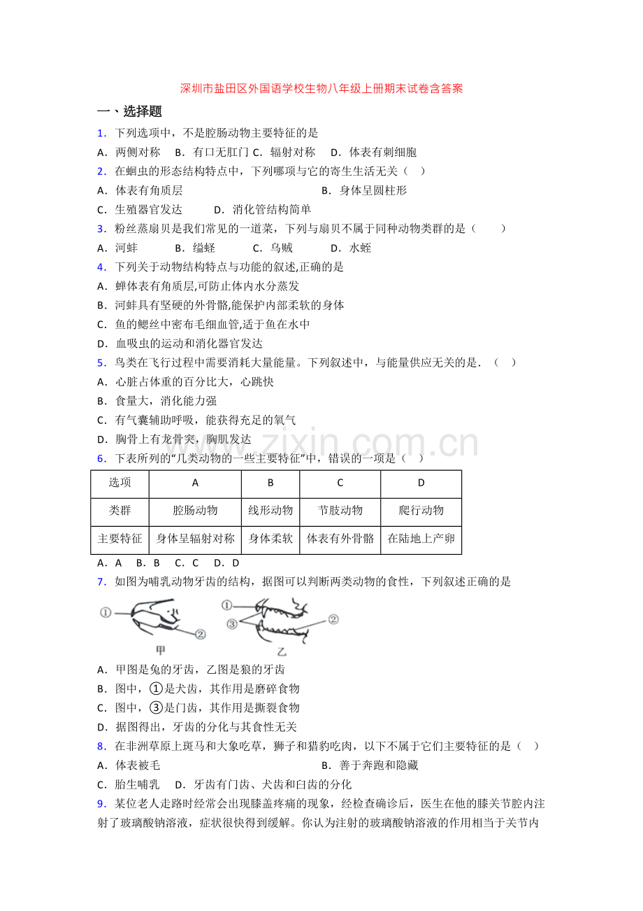 深圳市盐田区外国语学校生物八年级上册期末试卷含答案.doc_第1页