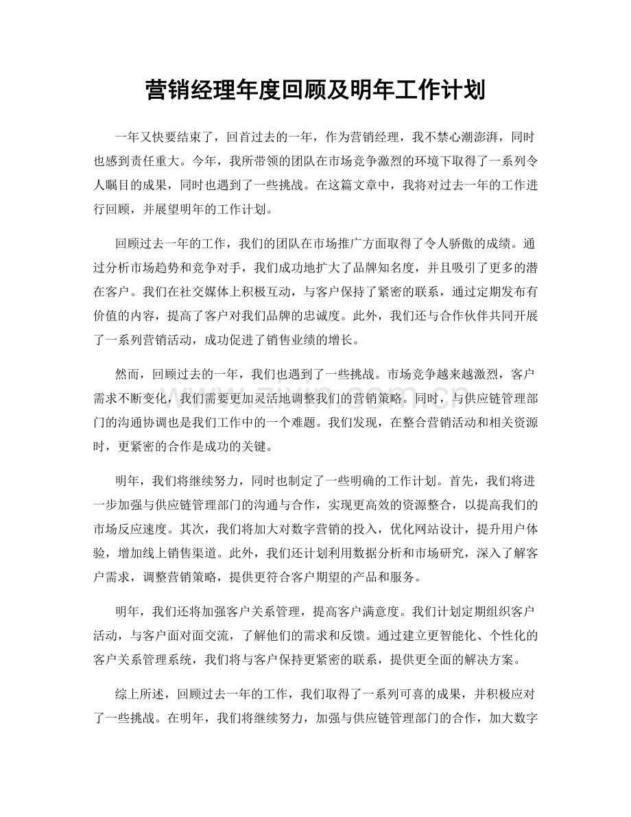 营销经理年度回顾及明年工作计划.docx_第1页