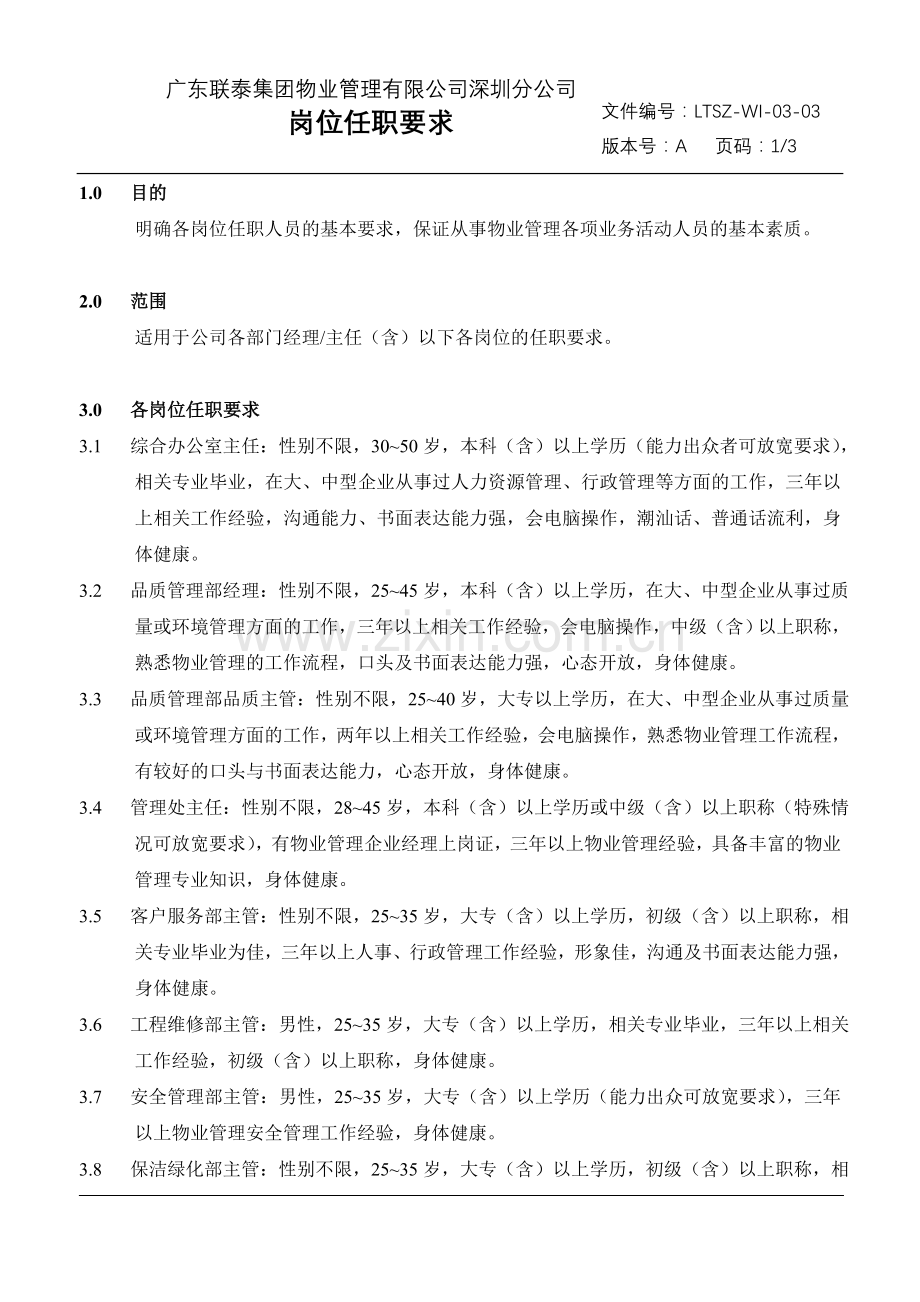 物业公司岗位任职要求.doc_第1页