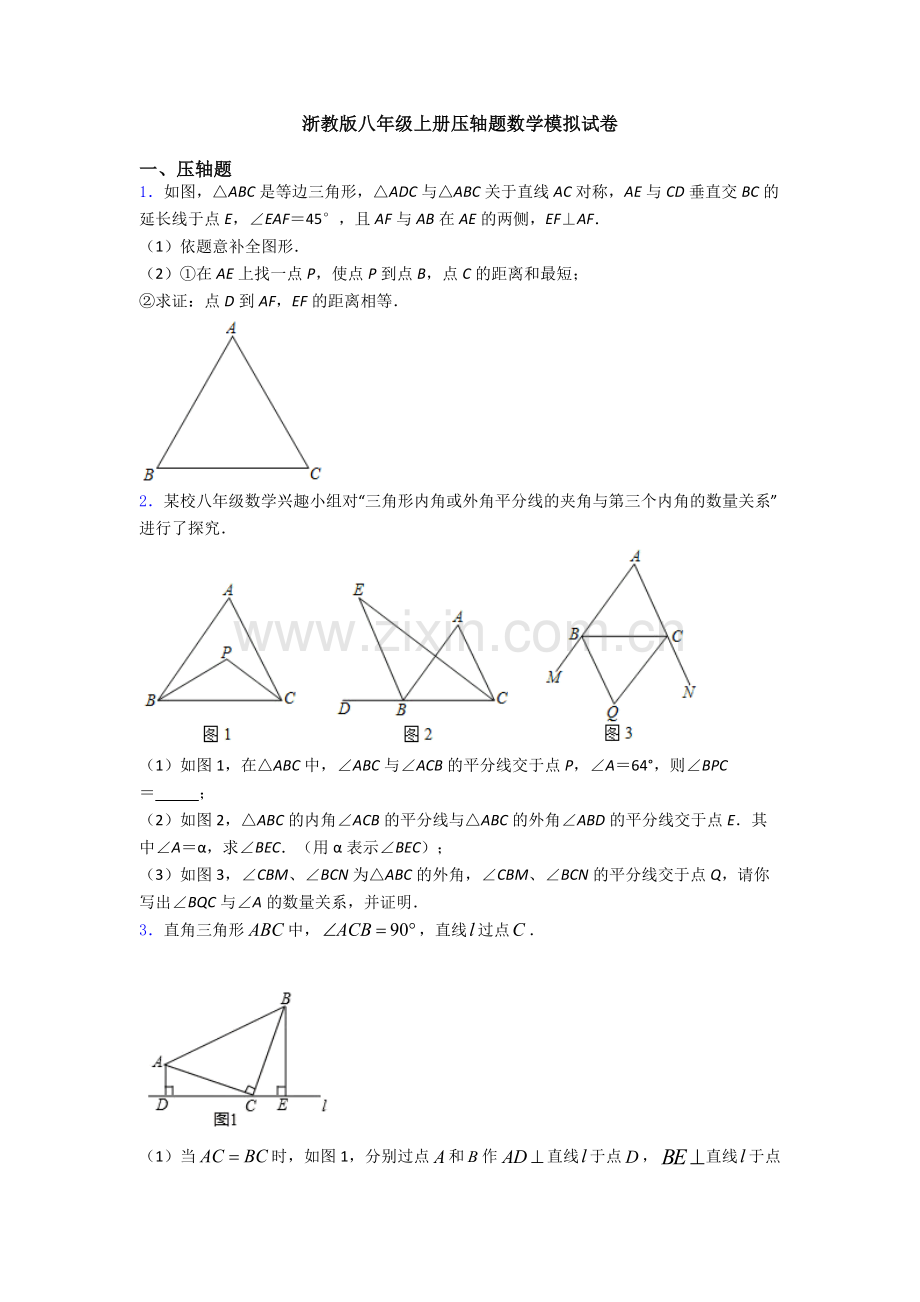 浙教版八年级上册压轴题数学模拟试卷.doc_第1页