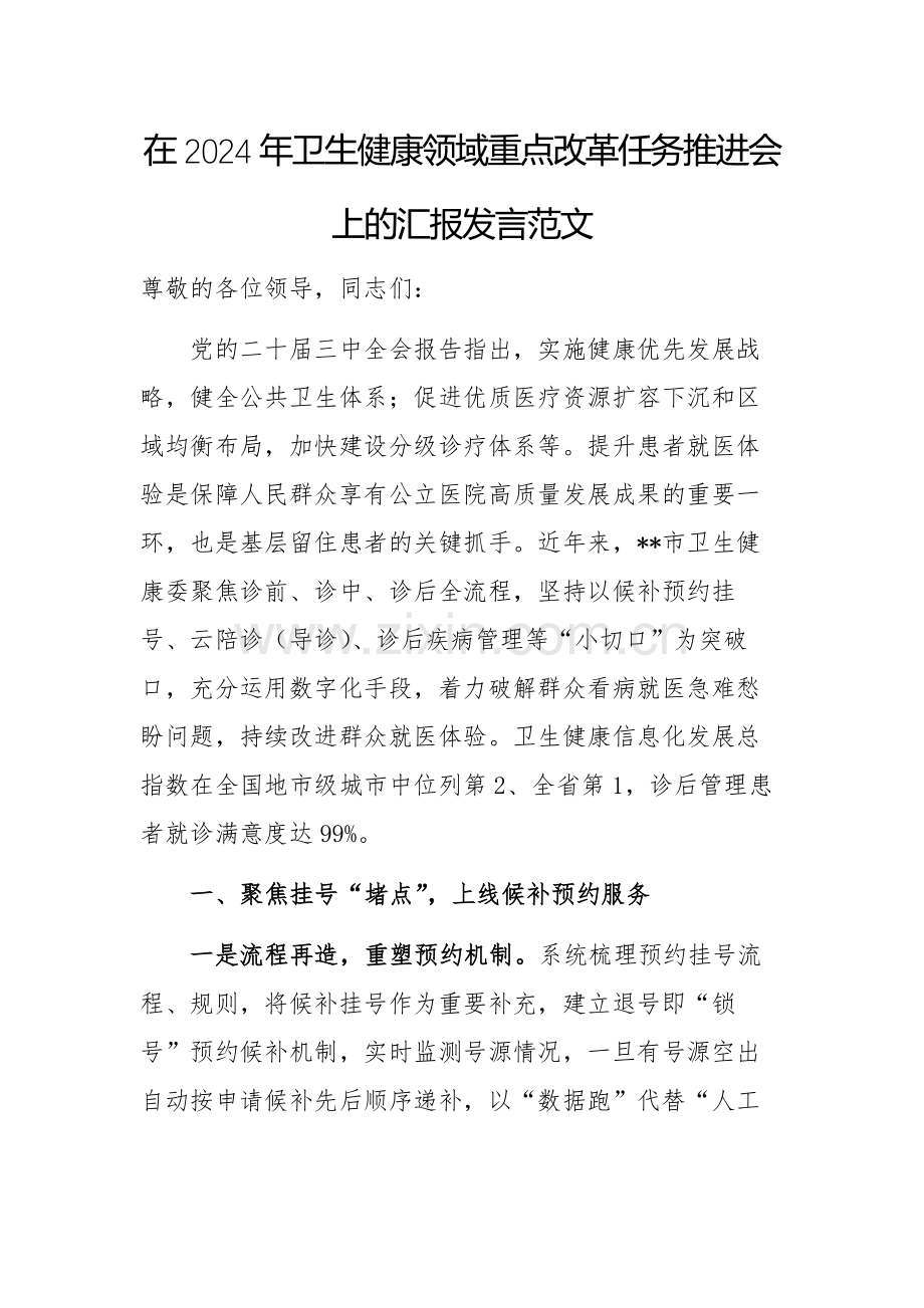 在2024年卫生健康领域重点改革任务推进会上的汇报发言范文.docx_第1页