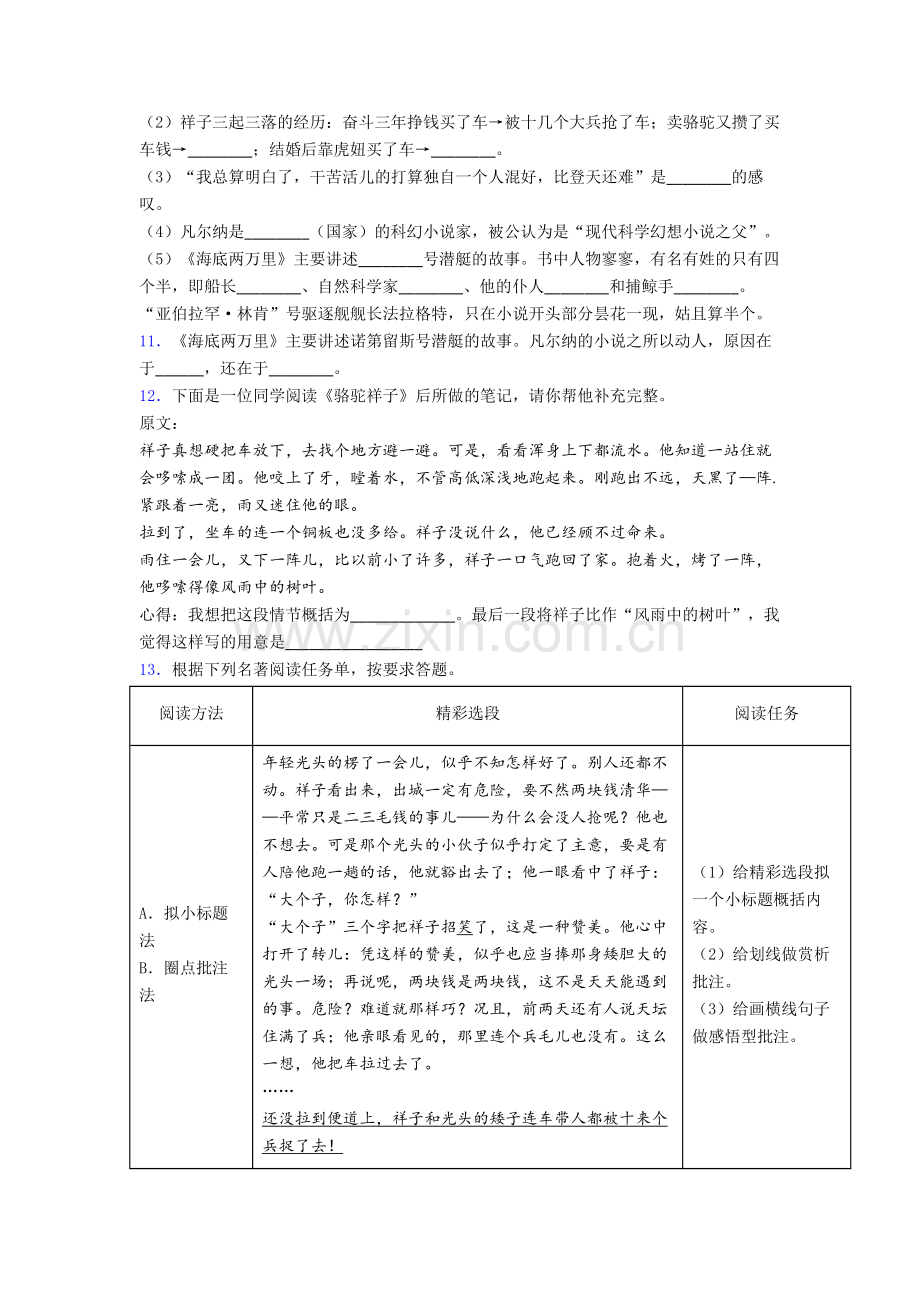 下册骆驼祥子和《海底两万里》名著测试题-试卷带答案.doc_第3页