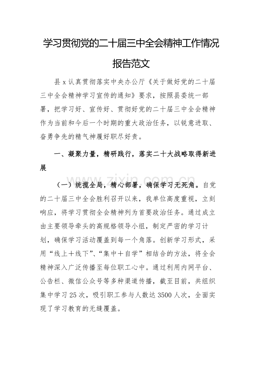 学习贯彻党的二十届三中全会精神工作情况报告范文.docx_第1页