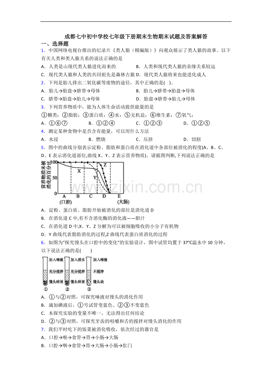 成都七中初中学校七年级下册期末生物期末试题及答案解答.doc_第1页