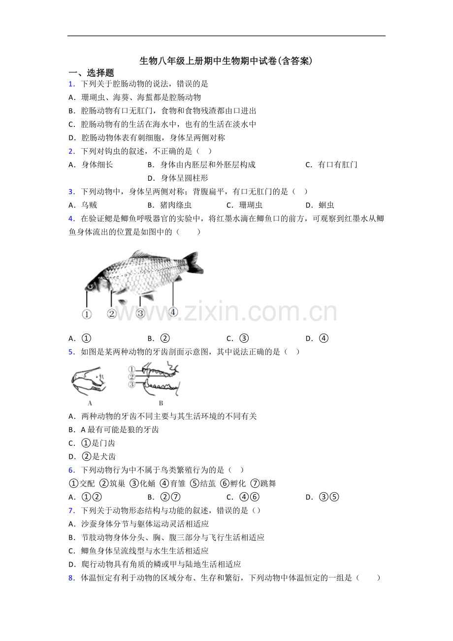 生物八年级上册期中生物期中试卷(含答案).doc_第1页