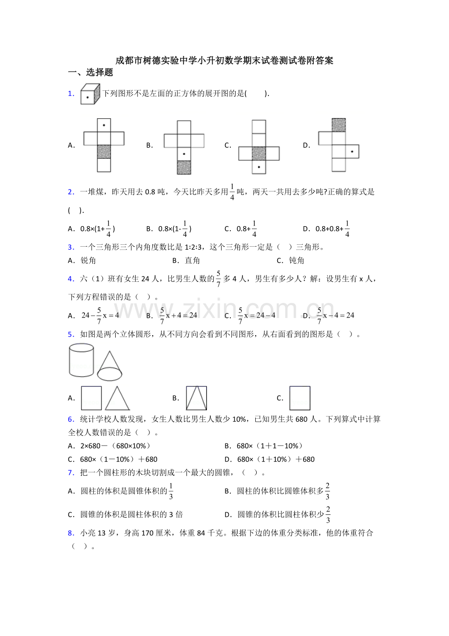 成都市树德实验中学小升初数学期末试卷测试卷附答案.doc_第1页